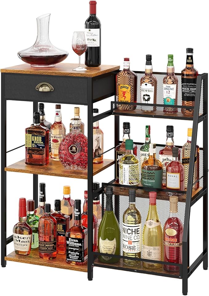 Liquor Cabinet Bar for Home with Drawer, 3-Tier Wine Rack Freestanding Floor and Wine Shelf with Step Design for Whiskey, Spirits, Vintage Mini Bar for Kitchen Apartment