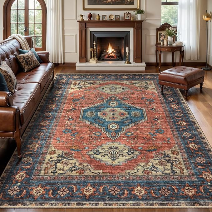 Tangsoo 5x7 Area Rug Washable Rug for Living Room, Vintage Indoor Non Slip Large Area Rugs, Print Distressed Rust Carpet, Soft Low Pile Foldable Floor Rug for Bedroom Dining Room Dorm Terracotta