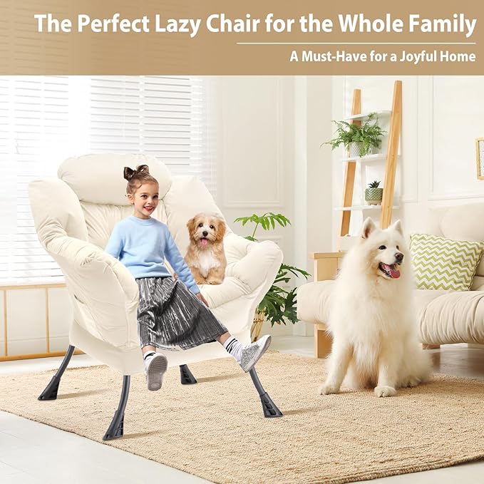 Lazy Chair Thick Padded, Comfy Velvet Accent Lounge Chair with Stable Frame, Leisure Sofa Armchair with Armrests and Side Pocket, Reading Chair for Bedroom, Living Room, Office, Beige