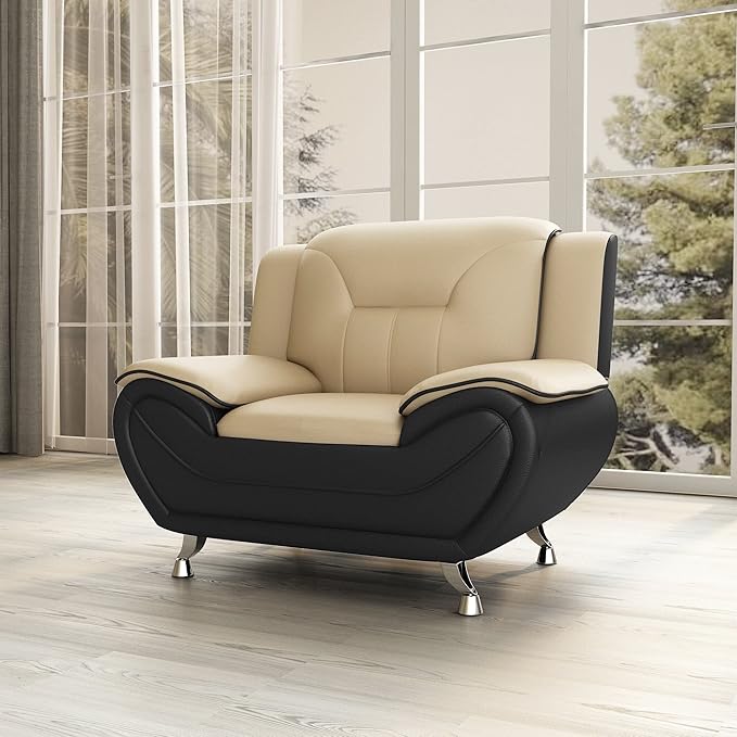 Container Furniture Direct Michael Modern Faux Leather Upholstered Stainless Steel Legs Living Room Sofa, Chair, Camel/Black
