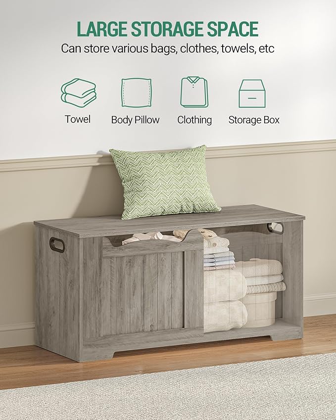 39.4" Storage Chest, Storage Bench Trunk with 2 Safety Hinge,Wooden Box, Lift-Top Chest Organizer, Shoe Bench for Entryway, Bedroom, Living Room, Greige SB01005X