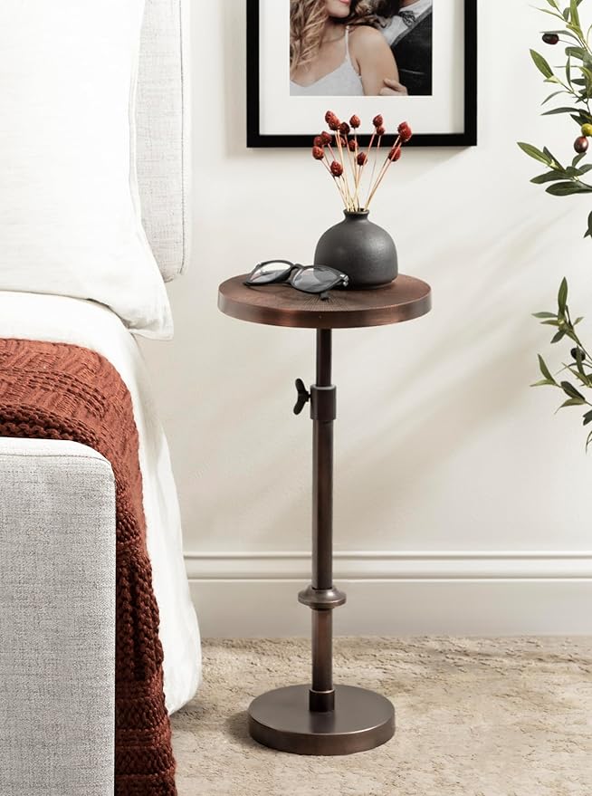 Kate and Laurel Engles Traditional Adjustable-Height Pedestal Drink Table; 10 x 10 x 30; Bronze; Vintage Round Indoor Metal Plant Stand with Embossed Sunburst Pattern