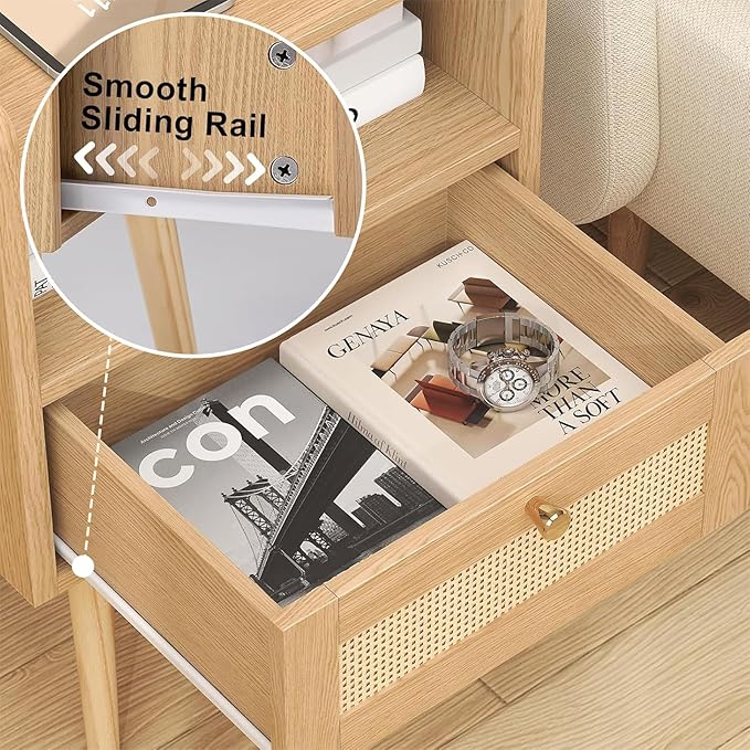 Night stand Set of 2, Bedside Tables with Charging Station, Rattan End Tables, Boho Bed Side Tables, Wood Nightstands set of 2 for Kids' Room Farmhouse Bedroom Living Room Dorm Sofa Couch (Natural)