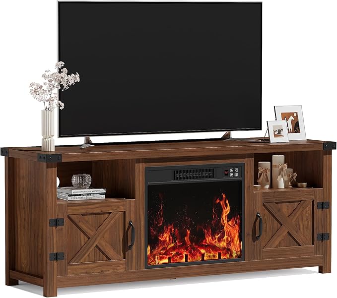 YESHOMY Fireplace TV Stand with Barn Doors and Open Display Shelf, Farmhouse Media Console with Hidden Cable Routing, Entertainment Center for Televisions up to 65+ Inch, Walnut