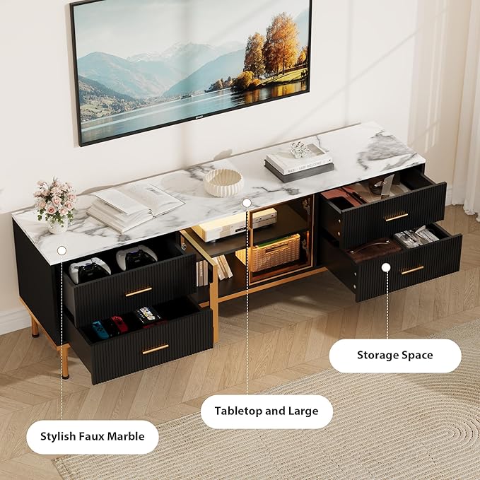 Garvee LED Lighted TV Stand for 55-75" TVs, Modern Entertainment Center with Drawers & Shelves, Glass Doors Living Room Furniture, Black