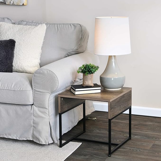 Household Essentials Wrap Square Side End Table Ashwood Rustic Wood Grain and Black Metal