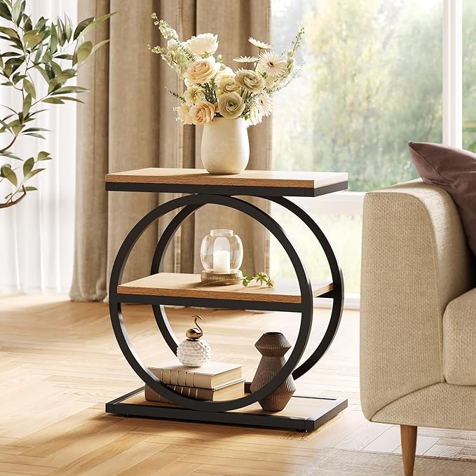 LITTLE TREE 3-Tier End Table, Side Table with Storage Shelves, Small Sofa Side Table for Living Room, Wooden Side End Table with Double Round Metal Legs, Slim Nightstand and Bedside Table, Oak