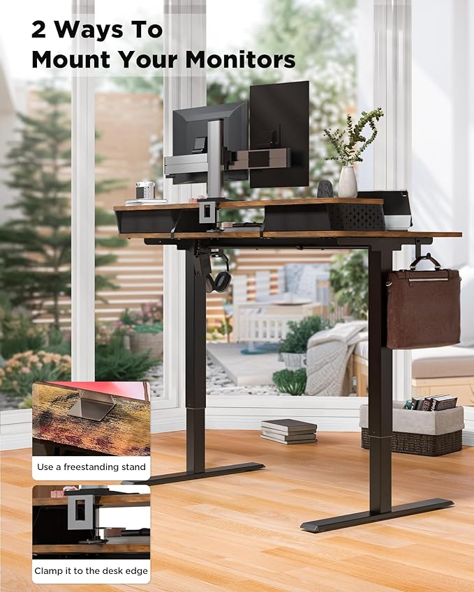 55x24 Inch Standing Desk with Double Drawers,C-Clamp Mount Compatible,Electric Adjustable Height Computer Stand Up Desks, Home Office Sit Stand Table with 3 Preset Heights & Hooks, Rustic Brown