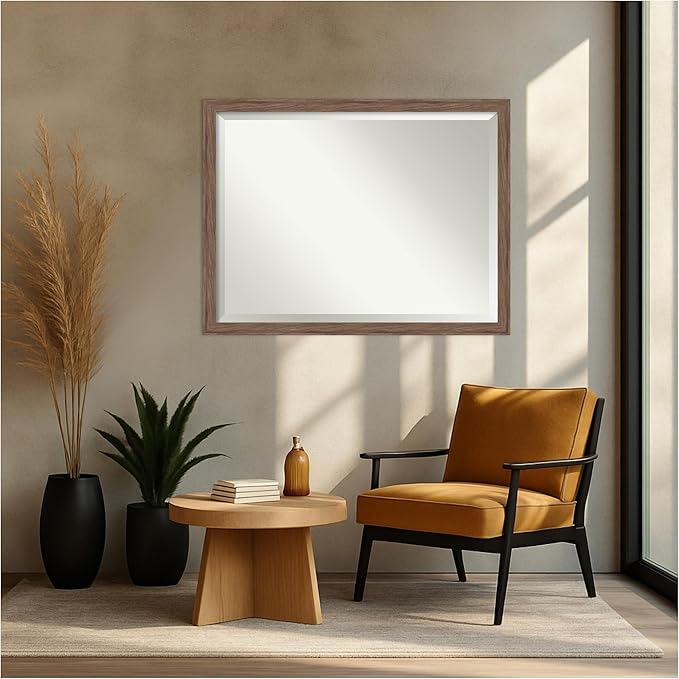 Amanti Art Brown Wall Mirror 33x43 Pia Medium Brown Narrow Rectangle Bathroom Mirror for Wall Decor Living Room, X-Large Casual Frame, Hangs Horizonally and Vertically, Bathroom Decor, Beveled Edge