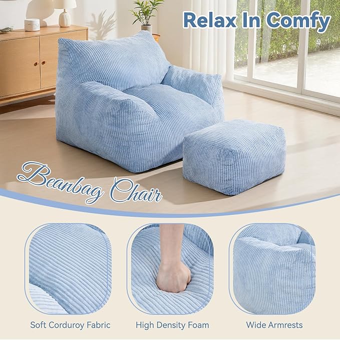 INMOZATA Bean Bag Chair for Adults, 3FT Beanbag Chairs with Ottoman Pre-Filled Fluffy Lazy Chair Corded Fabric Accent Chair for Bedroom Living Room Dorm (Light Blue)