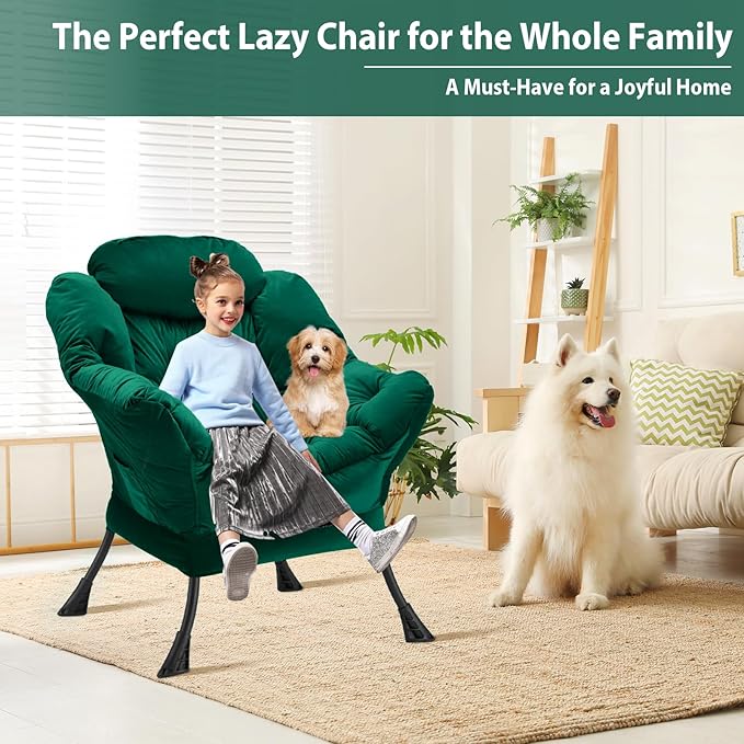 Lazy Chair Thick Padded, Comfy Velvet Accent Lounge Chair with Stable Frame, Leisure Sofa Armchair with Armrests and Side Pocket, Reading Chair for Bedroom, Living Room, Office, Green