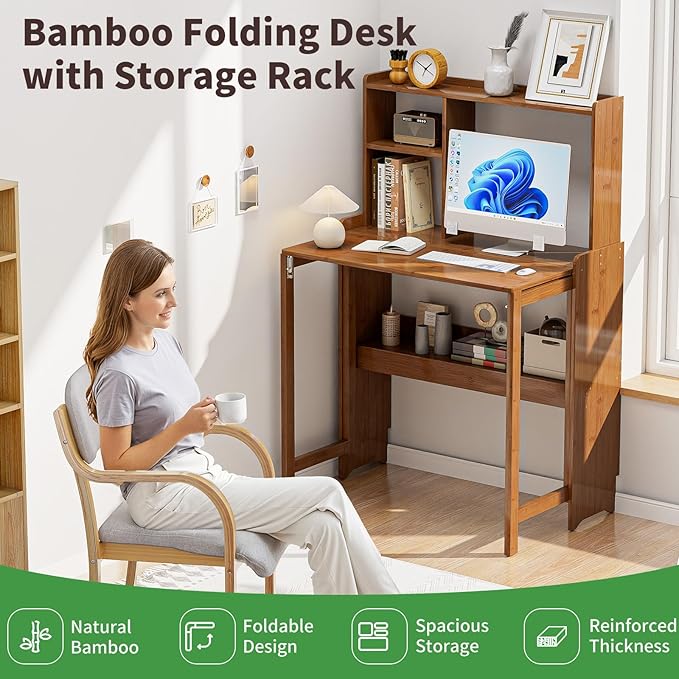 Bamboo Folding Desk with Storage Rack Mid Century Modern Desk for Home Office Bedroom Small Spaces, Brown