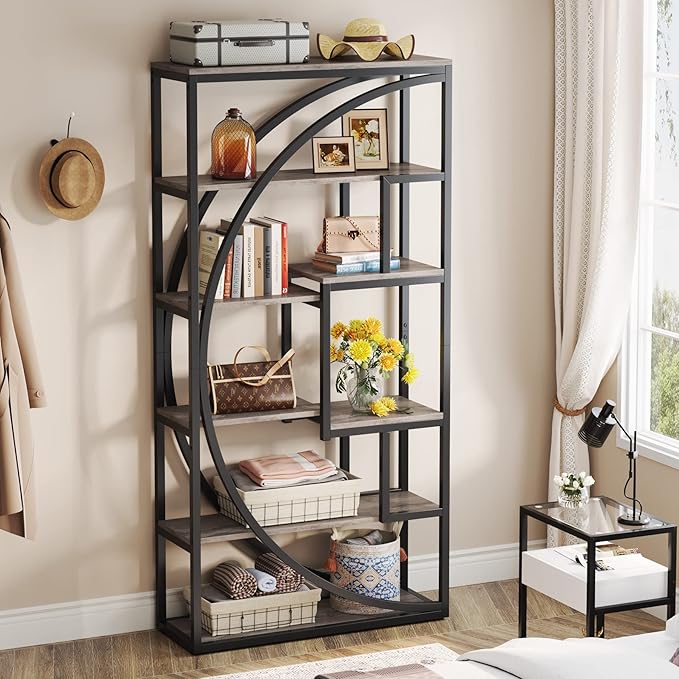 Tribesigns Bookshelf, Industrial 5-Tier Etagere Bookcase, 70.8 inch Tall Bookshelf with 8 Open Storage Shelf, Book Shelf Display Tack Shelving Unit for Home Office Living Room, Vintage Grey