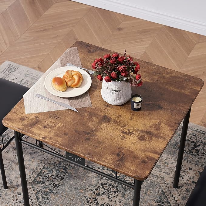 VECELO 3-Piece Dining Room Wooden Kitchen Table and Pu Cushion Chair Sets for Small Space, Retro Brown