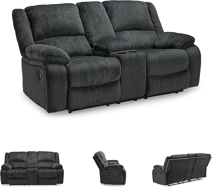 Signature Design by Ashley Draycoll Contemporary Double Reclining Manual Loveseat with Center Console, Dark Gray