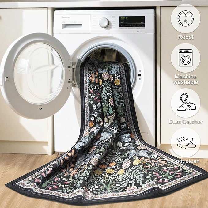 Runner Rug for Entryway: 2x6 Kitchen Rugs Non Slip Washable Ultra-Thin Soft Floral Carpet Indoor Stain Resistant Carpets for Hallway Bedroom Kitchen Laundry Bathroom Dorm Dark Black