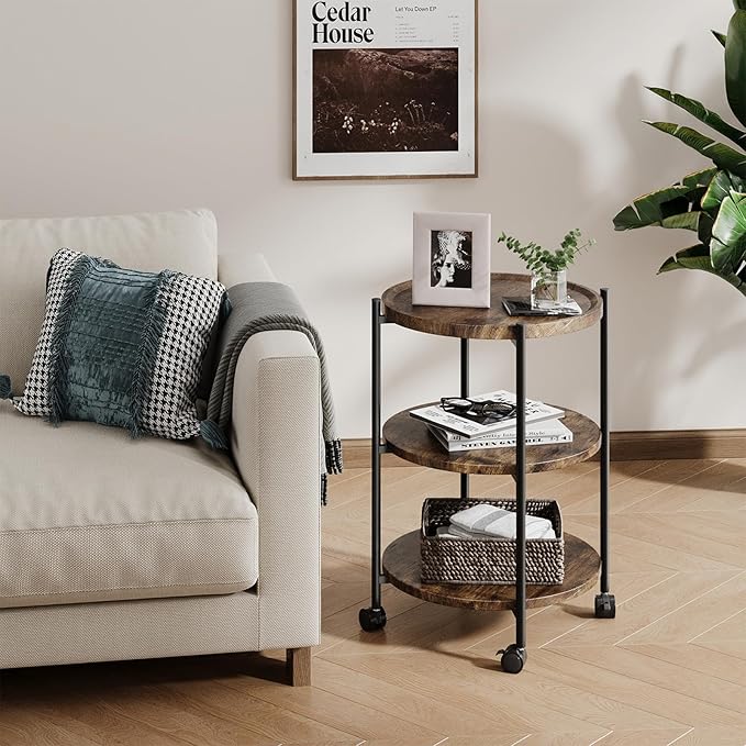 Side Tables Living Room, 3-Tier Modern End Table with Wheels, Small Side Table Nightstand Bedside Table for Living Room, Bedroom, or Small Spaces-Rust Brown