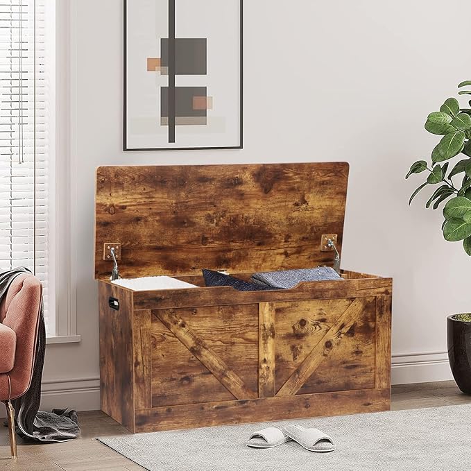 39.4" Storage Chest, Wooden Storage Bench, Large Storage Trunk with 2 Safety Hinges, Entryway Shoes Bench for Living Room, Bedroom, Rustic Brown