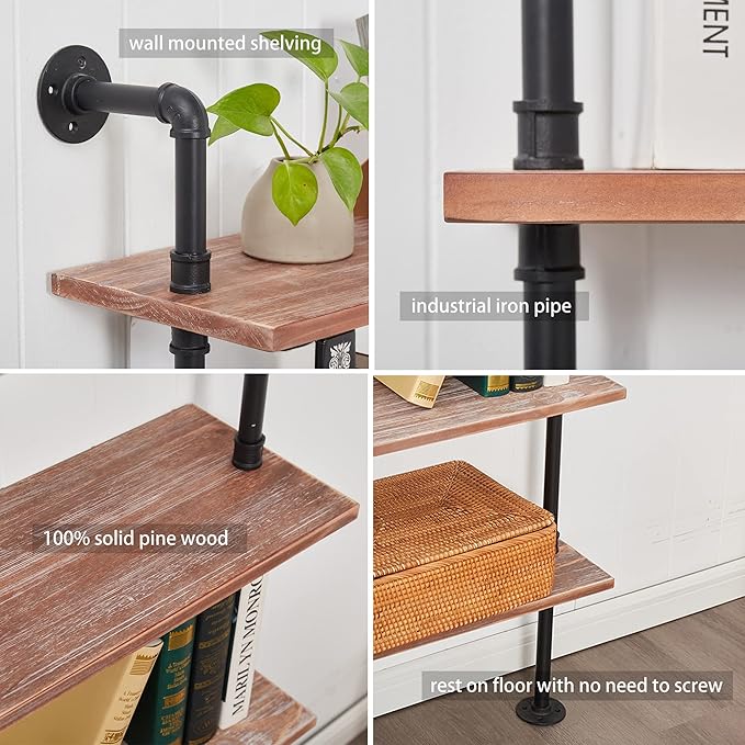 Industrial Ladder Shelves, Wall Mounted Rustic Bookshelf, Retro Wood Metal Pipe Industrial Shelves (Weathered Brown, 5 Tier - 10" D x 48" W x 70" H)