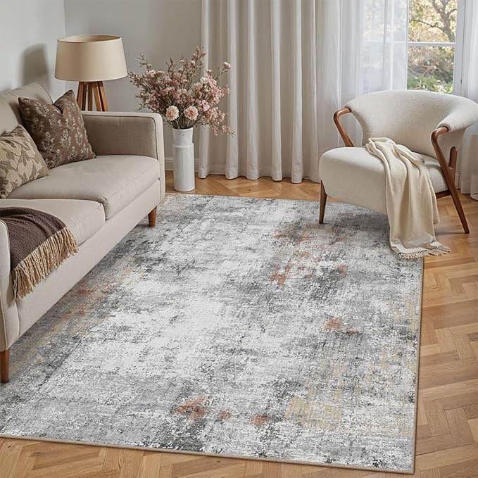 5x7 Washable Area Rug Grey Rust Modern Neutral Abstract Living Room Bedroom Indoor Floor Carpet Low Pile Soft Non-Slip Lightweight Vacuumable Throw Rug for Kitchen Dining Room