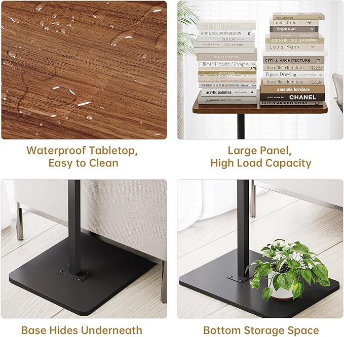 NiHome Minimalist Height Adjustable End Table, 360° Rotatable Sofa Armrest Side Tray Table, Adjustable Legs Space-Saving Couch Bedside Bathtub TV Tray C-Shaped End Table Snack Table for Eating (Brown)