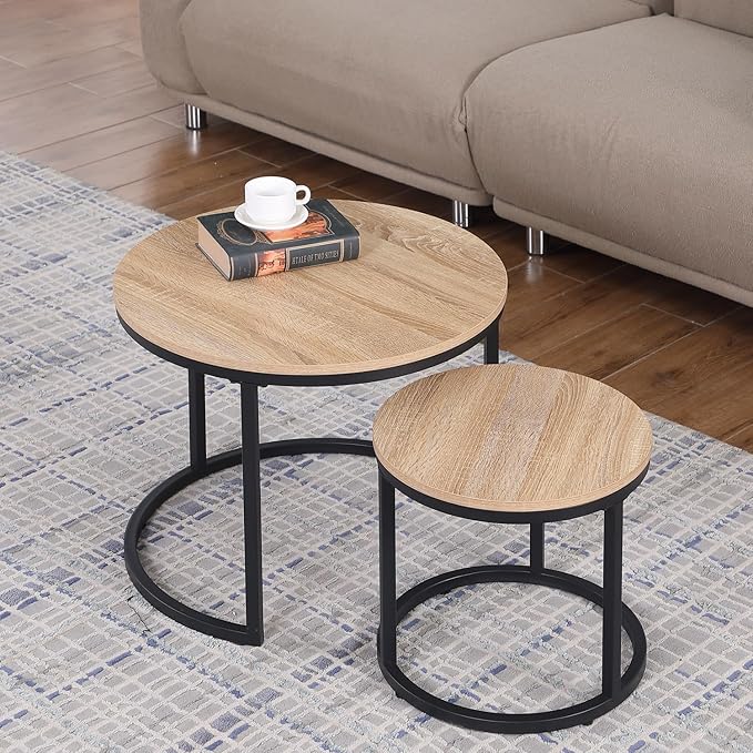 CENSI 24" Round Nesting Table, Accent Coffee Table, Natural Oak, Light Wooden Finish, Space-Saving, Modern Industrial Style