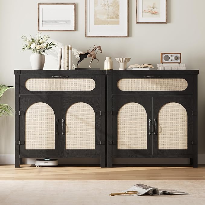 Garvee 29.9'' Small Rattan Buffet Cabinet with Storage, Kitchen Coffee Bar Cabinet with Doors and Drawer, Boho Farmhouse Sideboard with Adjustable Shelves and Handle for Living Room, Black