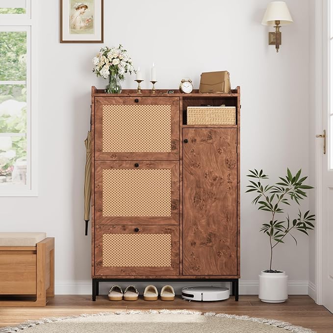 GarveeHome Shoe Cabinet Rattan with 3 Flip Drawers and 4-Tier Shoe Storage Cabinet, Freestanding Shoe Organizer with Adjustable Shelves for Entryway, Closet, Hallway (Tree Pomegranate)