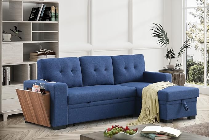 Ball & Cast L-Shape Reversible Sectional Sleeper Sofa Bed,4 in 1 Pull Out Couch with Storage Chaise USB Ports & Cup Holder,Convertible Sleeper Corner Couch Pull-Out Sofa Bed,for Living Room,Office