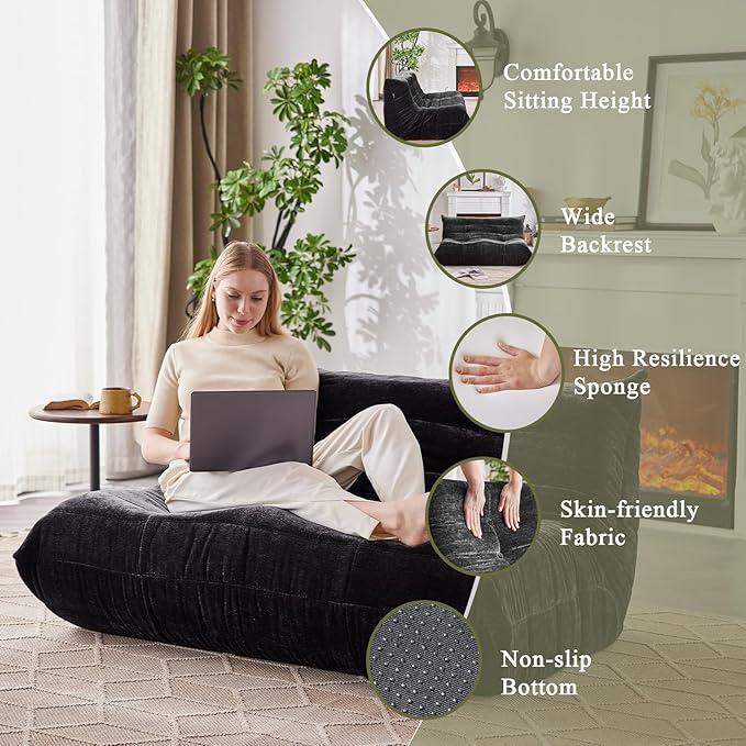 Bean Bag Chair, Loveseat Fireside Chair Large Bean Bag Sofa for Adults, Memory Foam Two Seater Couch Gaming Chairs with Comfy Design, Lazy Floor Sofa for Living Room, Bedroom, Dark Gray