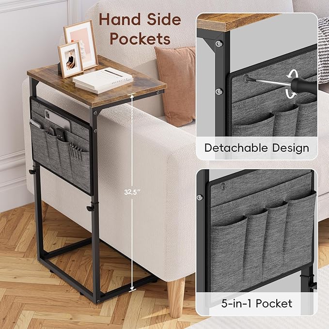 Vagusicc C Shaped End Table, Set of 2 Tall Side Table for Couch, Adjustable Height Small Couch Side Table for Small Spaces, End Table Slide Under Sofa Table TV Tray Arm Table for Living Room, Brown