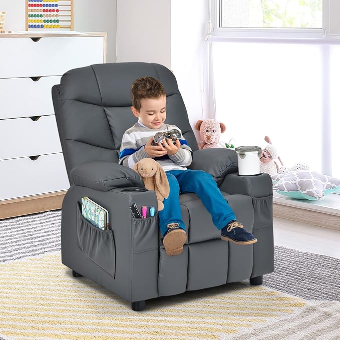 Costzon Kids Recliner Chair with Cup Holder, Adjustable Lounge Chair w/Footrest & Side Pockets for Children Boys Girls Room, Ergonomic Toddler Furniture Sofa, Kids Recliner (Grey)