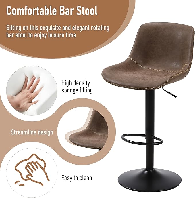 Bar Stools Set of 2, Swivel Counter Height Barstools with Back, Adjustable Modern Bar Chairs, Tall Armless PU Leather Kitchen Island Stool, Brown