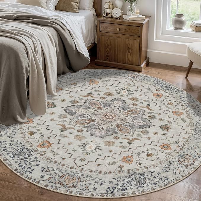 Tangsoo Vintage Round Rug 4ft Washable Circle Rug, Non Slip Small Boho Round Rug, Low Pile Circular Rugs, Round Carpet for Bedroom,Entryway,Nursery,Dorm,Kitchen,Taupe