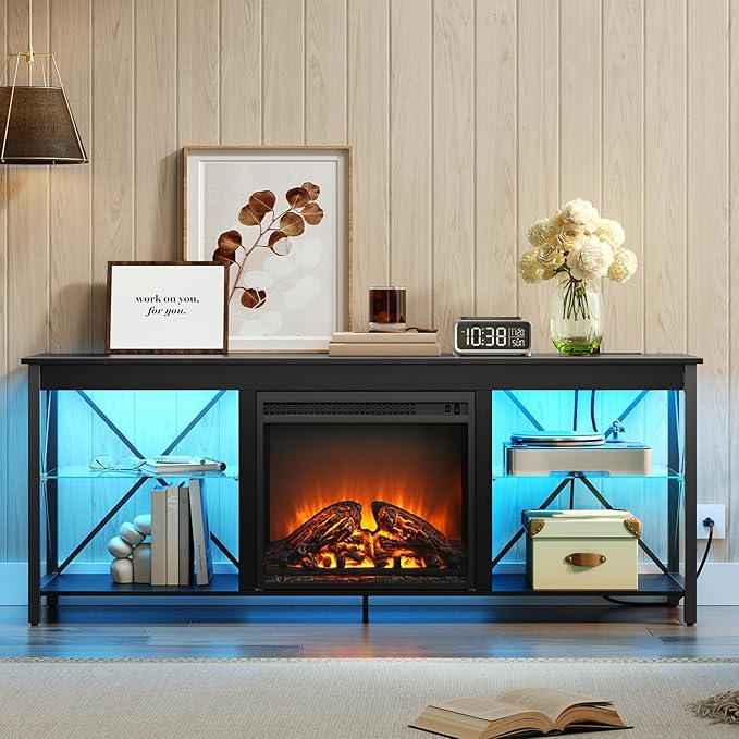 HOOBRO Fireplace TV Stand with Charging Station and LED Lights, TV Stand with Fireplace for TVs up to 65", Entertainment Center with Fireplace, Glass Shelves, Black BB140UDDS01