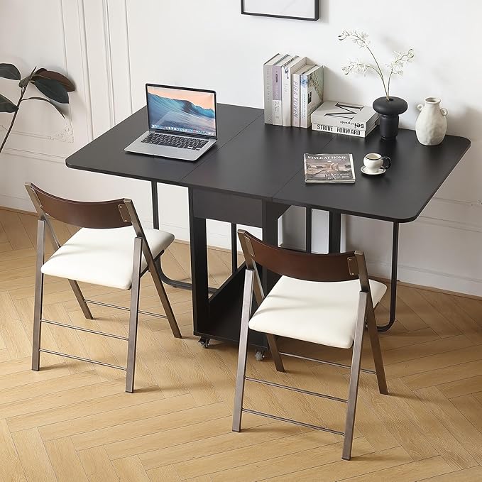Folding table and chair set, dining table with extra large storage space and 4 universal wheels, matched with padded steel frame folding chairs, space-saving dining table and 4 chairs (White)