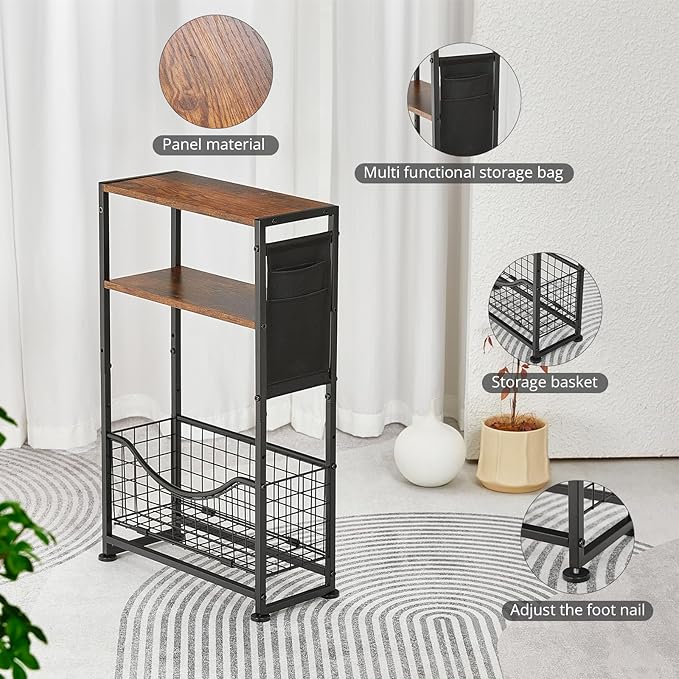 Narrow Side Table, Skinny Small End Tables with Magazine Holder, 3 Tier Small Sofa Side Table for Smalls Spaces, Sofa Couch Tables Bedside Table for Living Room Bedroom Office