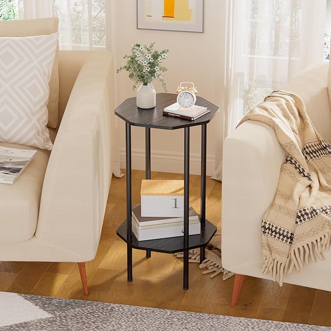Side Table, Octagonal End Table for Small Spaces, Nightstand with 2 Storage Shelves, Small Table Stand for Bedroom, Living Room, Outdoor Balcony(Black)