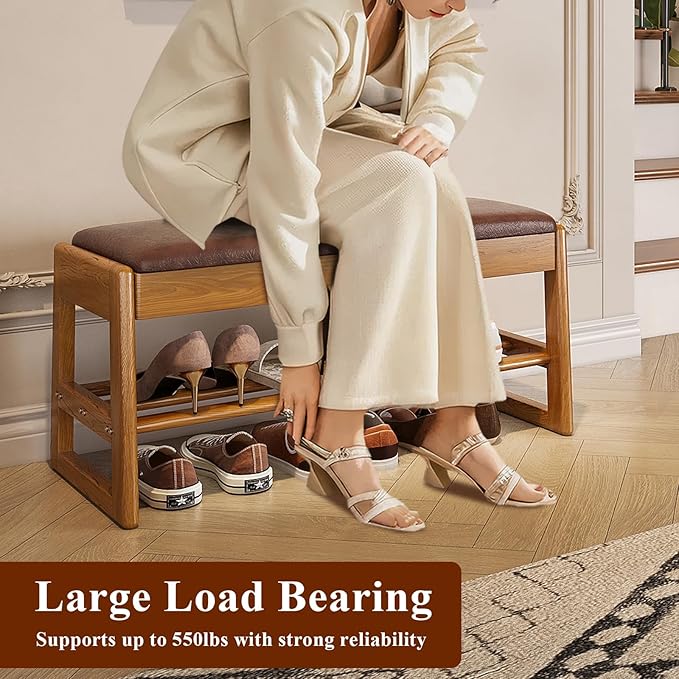 Shoe Rack Bench Seat Rubberwood 2-Tier Wooden Storage Bench 550lbs Compact Mid-Century Modern Design for Entryway, Hallway, Closet, Front Door Entrance, Foyer