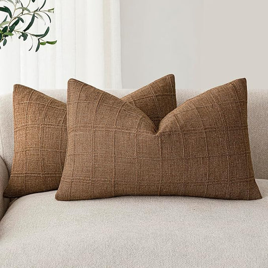 Foindtower Set of 2 Decorative Linen Check Throw Pillow Covers Neutral Farmhouse Lumbar Cushion Covers Modern Boho Home Decor for Sofa Chair Couch Bedroom Living Room Outdoor,12×20 Inch,Brown Hazel
