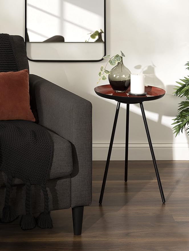 Kate and Laurel Laranya Modern Side Table; 15 x 15 x 23; Dark Clay Red and Black; Chic Minimalist Bedroom Nightstand Table with Hand-Applied Enamel Tabletop