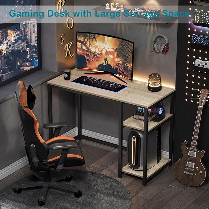 SINPAID Computer Desk 47 inches with 2-Tier Shelves Sturdy Home Office Desks with Large Storage Space Modern Gaming Desk Study Writing Laptop Table, Oak