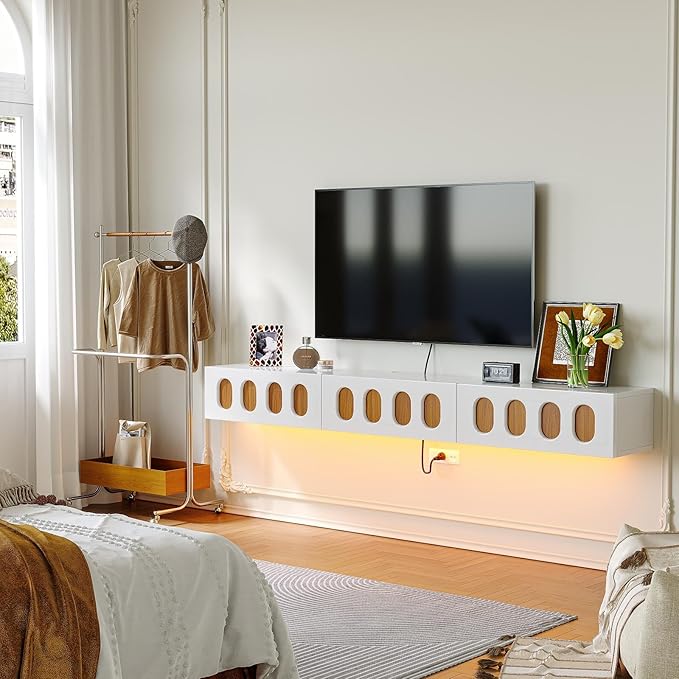 Floaticase Fully Assembled Floating TV Stand, 47IN High Gloss Wall Mounted Entertainment Center with Flip-Down Doors & Drawers, TV Console Under TV Shelf for Bedroom Livingroom