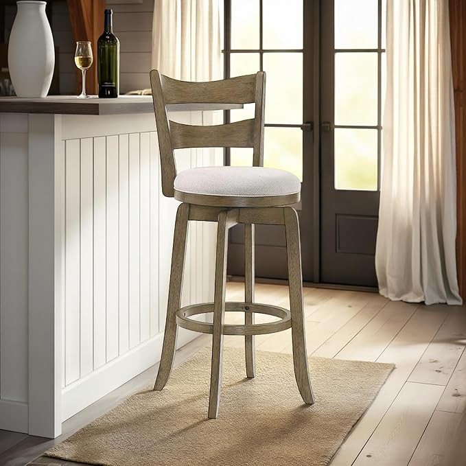 Armen Living Blair 30 in. Putty Brown Bar Height Rubberwood Swivel Barstool with Cream Fabric Seat - Set of 2