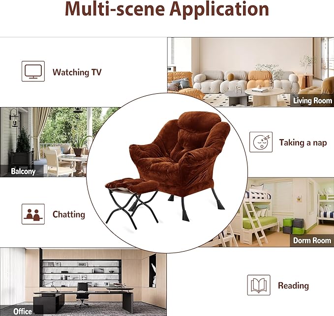 Lazy Chair with Folding Ottoman, Accent Chair Plush Upholstered with Metal Structure and Non-Slip Pads, Sofa Armchair with Footrest and Side Storage Bag for Dorm, Room, Office, Brown