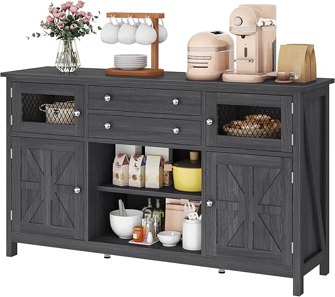 YITAHOME Farmhouse TV Stand for TVs up to 65", 59" Entertainment Center with 2 Large Drawers & Visual Grid Door, Rustic TV Media Console for Living Room, Dark Grey