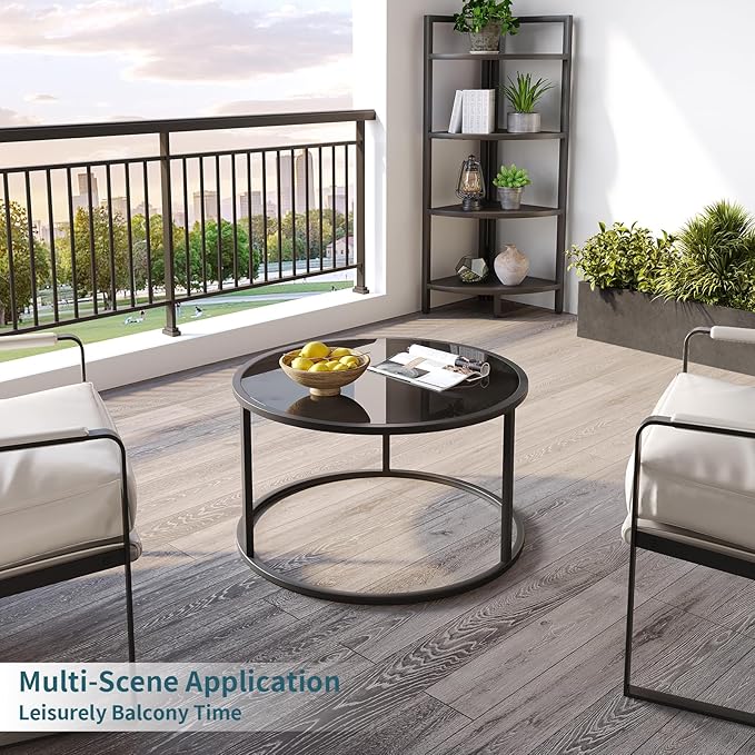 SAYGOER Black Glass Coffee Table Small Round Coffee Tables 27.6In Modern Tempered Glass-Top Accent Center Table for Living Room Home Office Small Space Easy Assembly