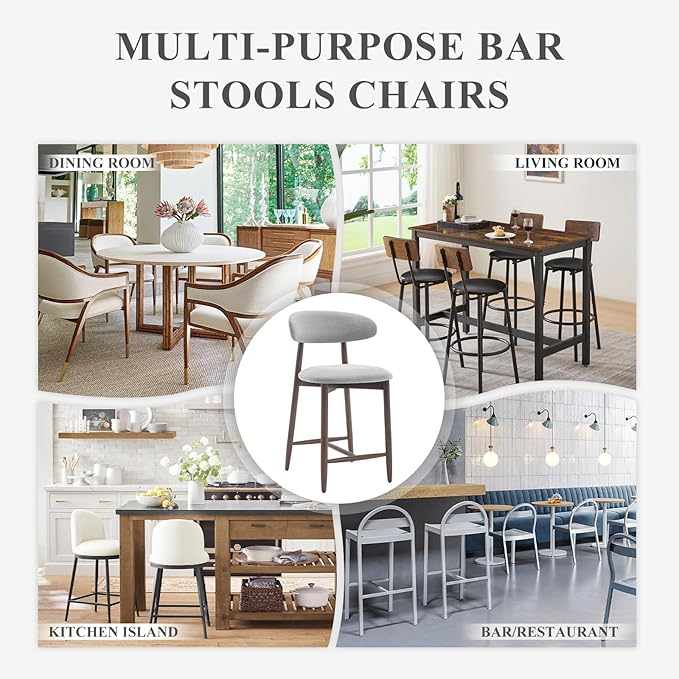 COLAMY Bar Stools Set of 6, Counter Height Bar Stools, Wood Bar Stools with Back, Upholstered Wooden Barstools for Island Dining Room Bar, Light Grey