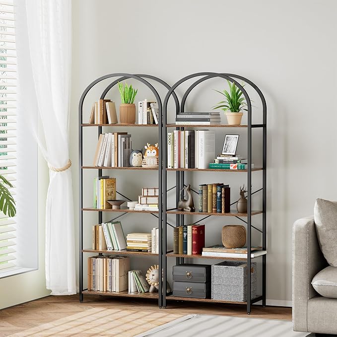 Homhedy 5-Tier Bookshelf Arched Display Racks, Wood and Metal Bookcase, Tall Bookshelf, Industrial Display Standing Shelf Unit, for Home Office, Living Room, Bedroom, Bathroom, Rustic Brown