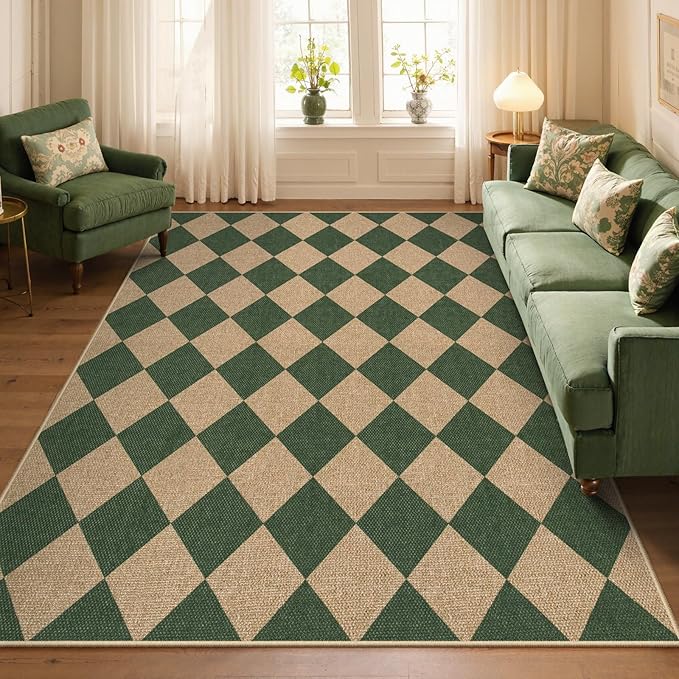Lahome Checkered Outdoor Rug 5x7, Washable Rug for Living Room Office Indoor Outdoor Carpet, Farmhouse Non Slip Non Shedding Green Carpet for Dining Room Sunroom Patio Courtyard